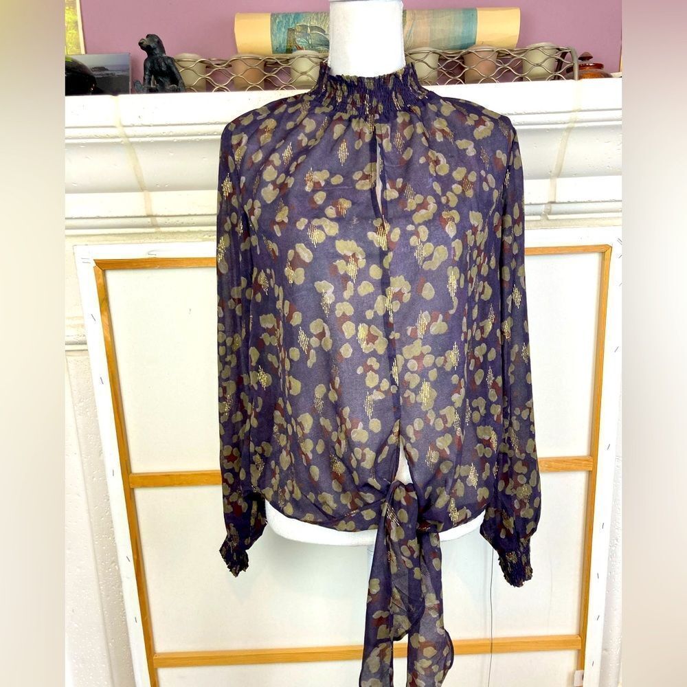 Mystree High Neck slit peek a boo cleavage blouse w/gold metallic wrap bottom